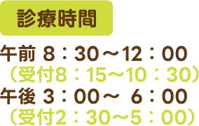 診療時間　午前：8:30～12:00（受付午前8:15～午前10:30）　午後：3:00～6:00（受付午後2:30～午後4:30）